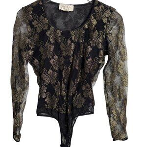 CACHE Size large bodysuit vintage 80's semi sheer black gold long sleeve top